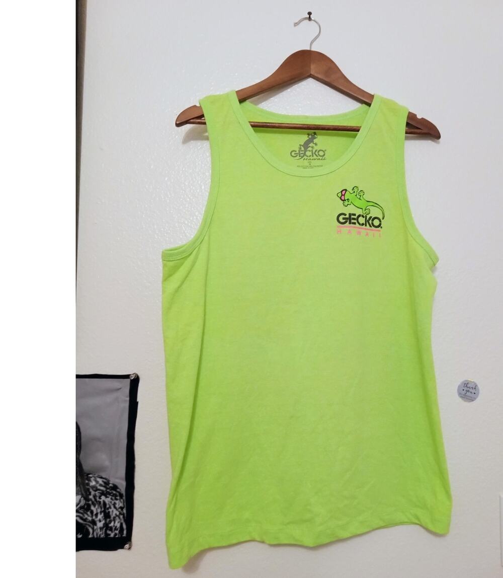 Vintage Gecko Hawaii Neon Green Double Sided Graphic Surf Skate Tank Top SZ S
